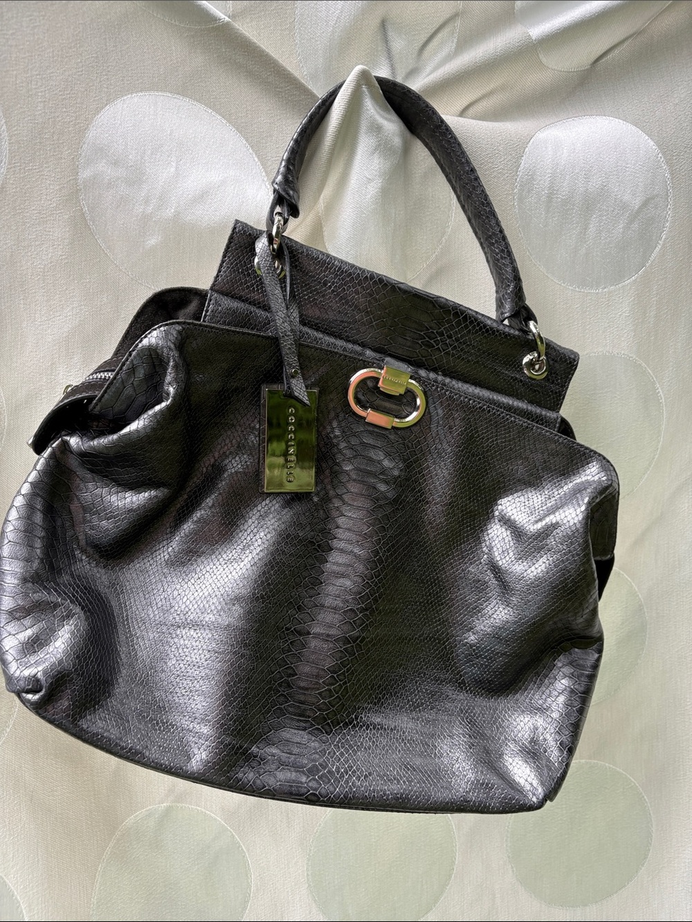 Coccinelle Metallic Gray Snakeskin Embossed Leather Bag - Like New!